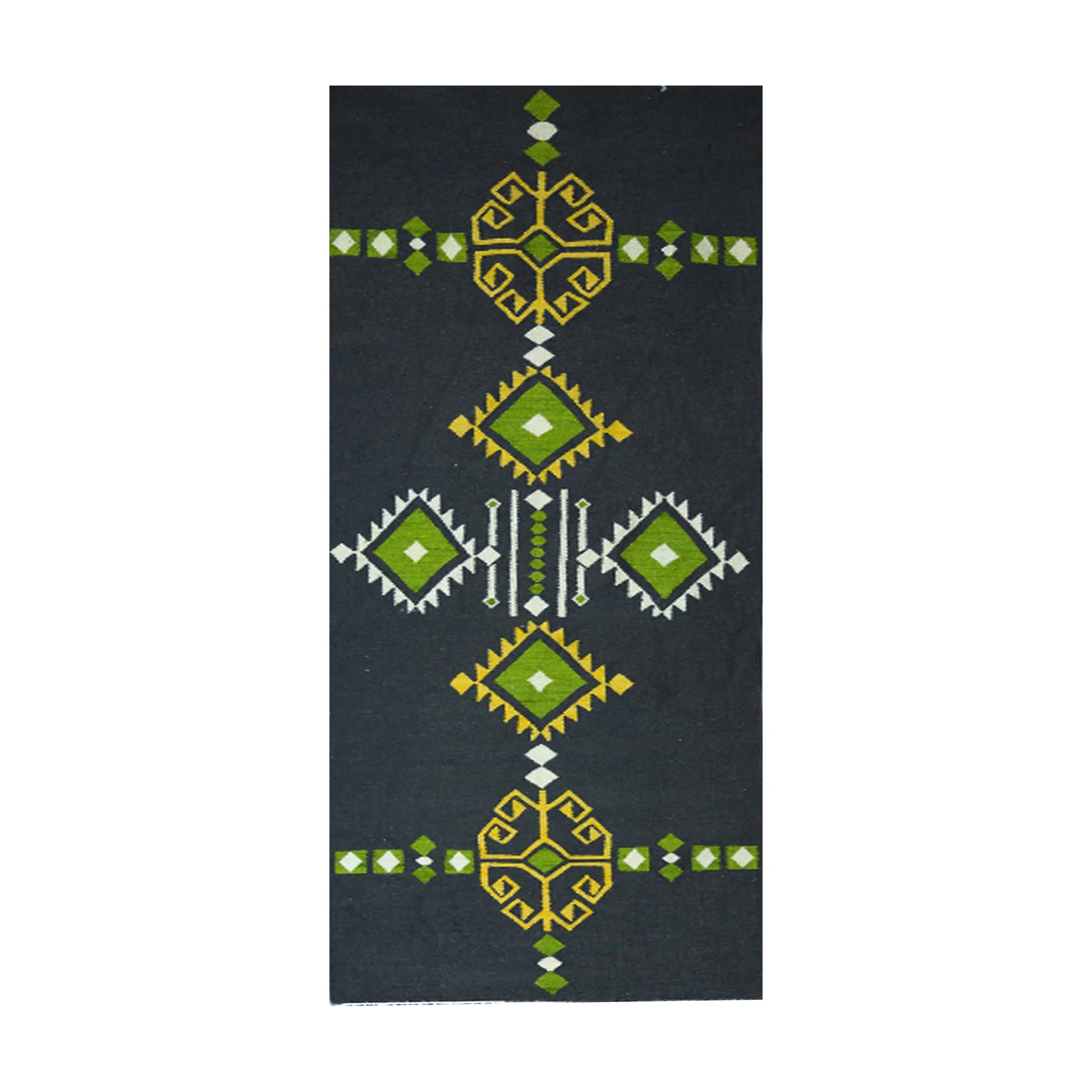 A dark gray rug with a repeating pattern of green and gold geometric shapes. The pattern is symmetrical and features stylized floral and diamond motifs.

