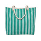 A large, striped tote bag featuring a teal and white pattern. The bag has two sturdy rope handles for easy carrying.