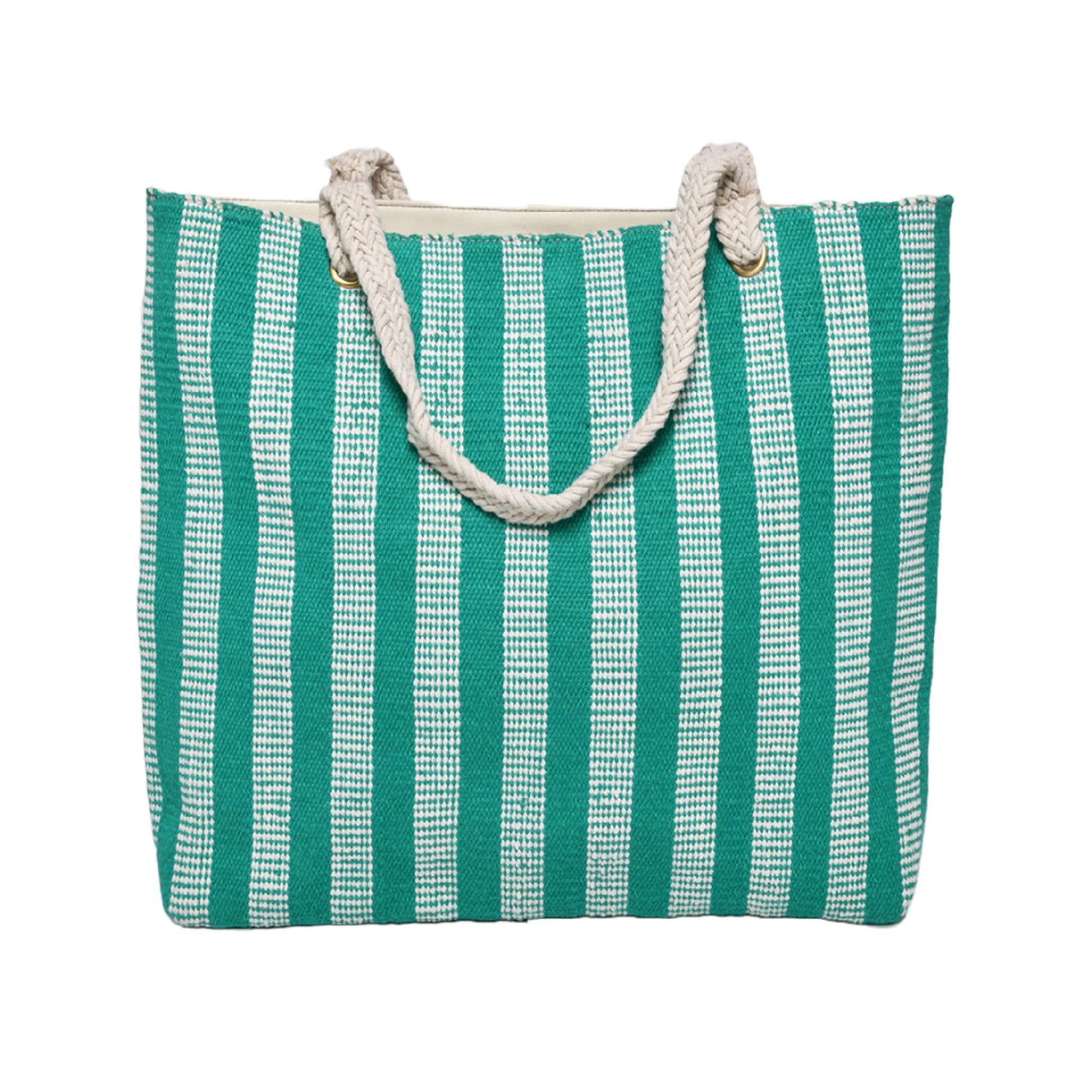 A large, striped tote bag featuring a teal and white pattern. The bag has two sturdy rope handles for easy carrying.