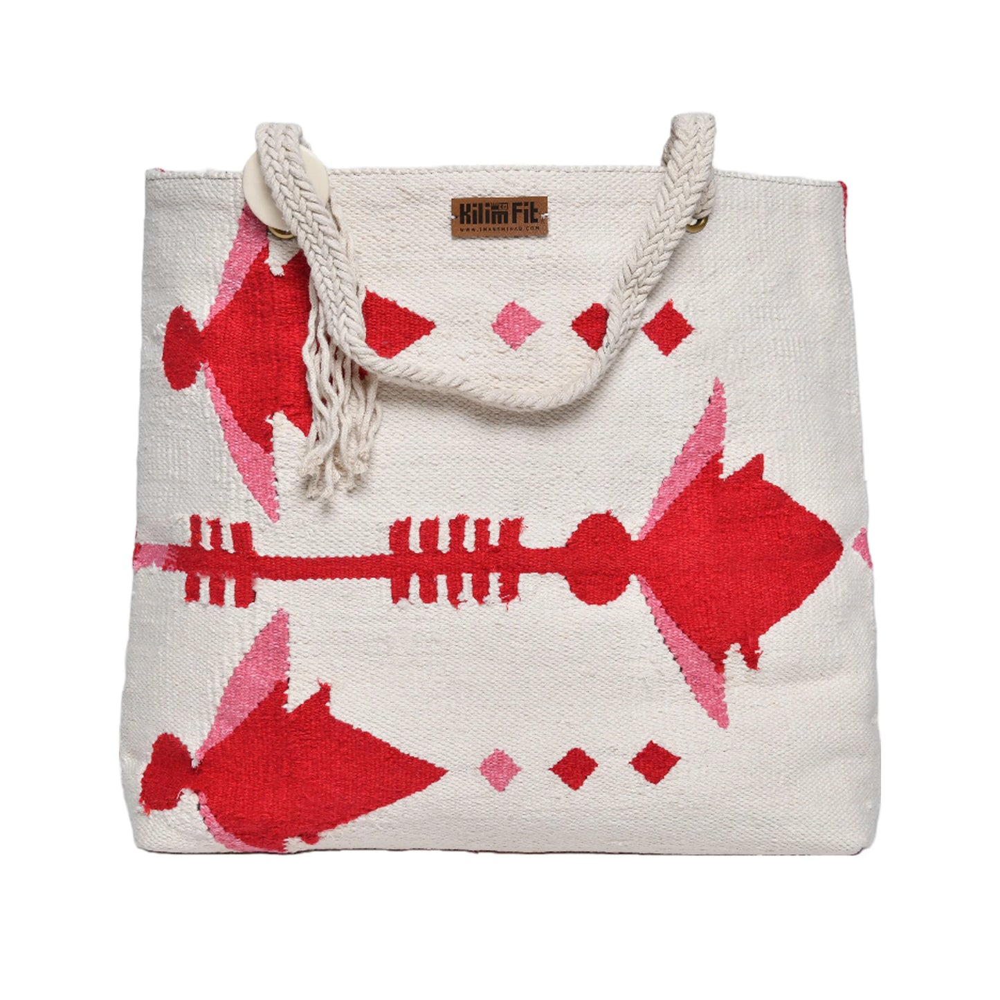 The image features a large woven tote bag with a cream background. The bag has a colorful design that includes red and pink fish motifs and decorative diamond shapes. It is adorned with thick, braided rope handles for carrying. The brand name "Killin' Fit" is displayed on a small tag at the top.