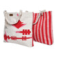 Two colorful tote bags are displayed side by side. The bag on the left features a white background with bold red geometric patterns and shapes, including arrows and triangles. The bag on the right has a red and white striped design. Both bags have sturdy rope handles, making them suitable for carrying various items.