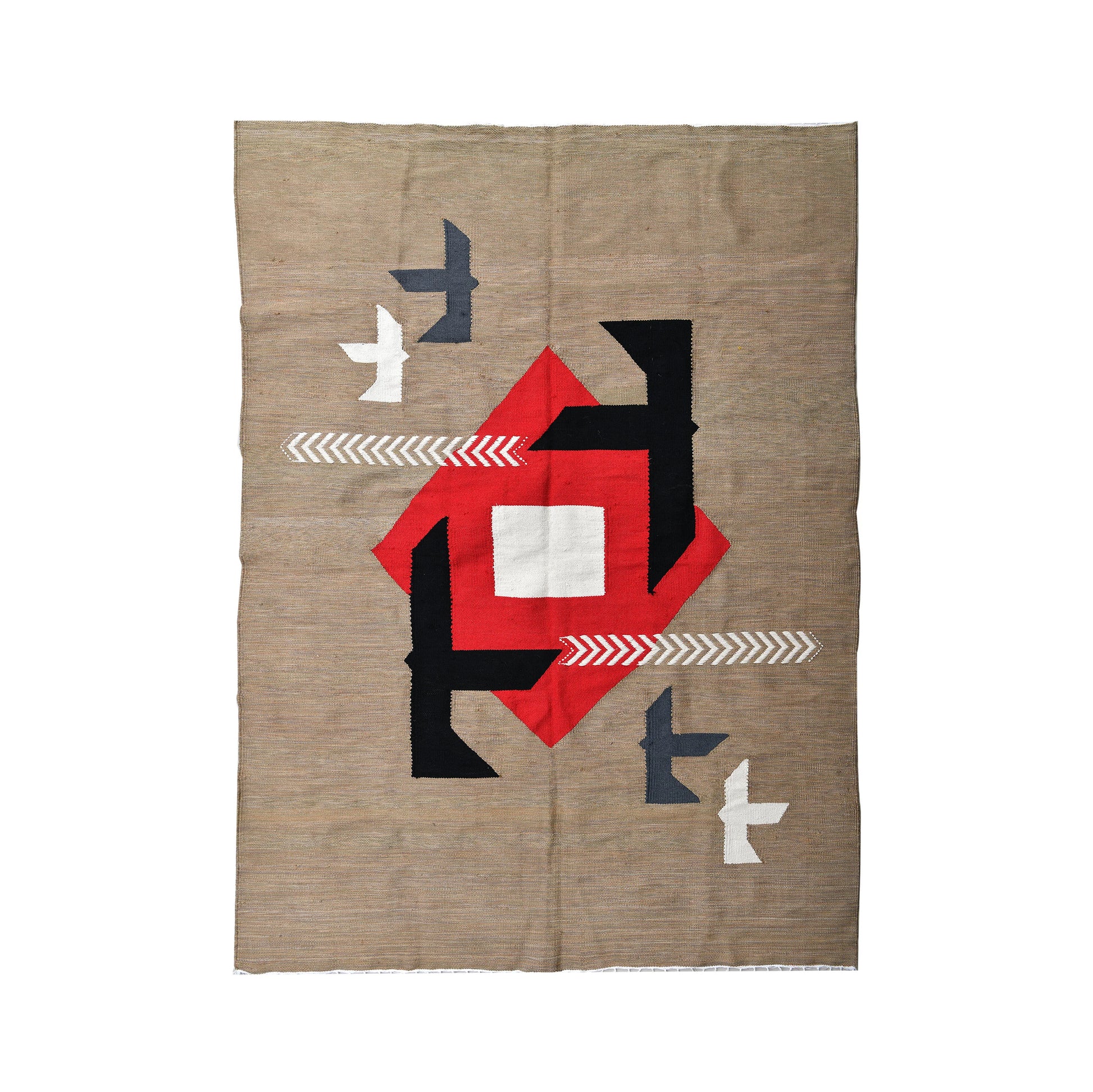 A woven textile showcasing a geometric design in earthy tones. The rug features a prominent red diamond shape at its center, surrounded by black, white, and gray elements, including arrows and stylized birds. The beige background enhances the vibrant colors, and the edges are finished with fringes.