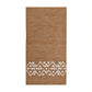 A long, narrow rug in a light brownish-tan color is shown against a white background. The rug has a slightly textured, woven appearance with subtle variations in shade. Near the bottom, a band of white geometric designs is woven into the rug. The pattern consists of symmetrical rows of white triangles, zigzags, and stylized arrow shapes, creating a visually appealing and slightly bohemian aesthetic. The overall style of the rug is simple yet elegant with a size of 1 x 2 meters.