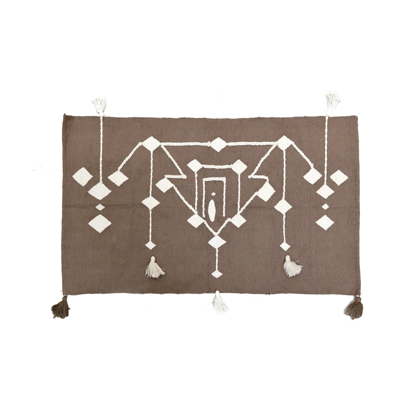 This 1 x 1.5 meter rug features a bold, Brown background and a striking white geometric pattern that consists of interconnected diamond shapes, creating a visually engaging composition. The edges are adorned with fringed tassels made of the same material, contributing to the traditional and artisanal aesthetic.