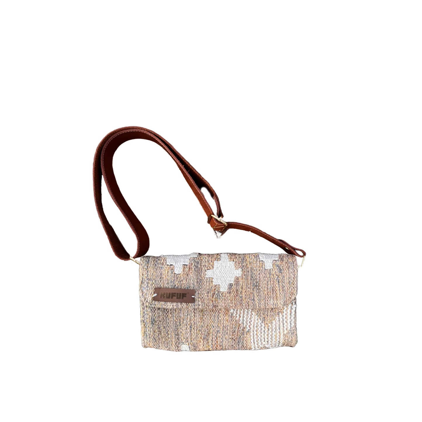 A small, stylish handbag is displayed against a white background. The bag features a woven design with geometric patterns in beige and white, complemented by a brown leather strap. A metal tag with the brand name "KUFUF" adds a touch of elegance to the design. The overall look is chic and modern, perfect for casual or semi-formal occasions.